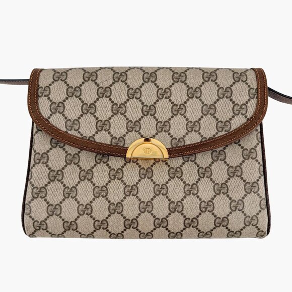 Gucci Vintage GG Monogram Crossbody Shoulder Flap Bag Beige Coated Canvas Brown - Picture 3 of 15